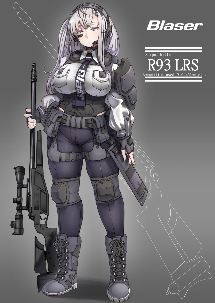 1girl armor belt blaser_r93 bodysuit bolt-action_rifle bolt_action boots breast_pocket breasts choker combat_boots combat_knife commentary_request english_text expressionless female_focus fingerless_gloves gloves gun headset heterochromia highres holding holding_gun holding_weapon knee_pads knife konoshige_(ryuun) lace-up_boots large_breasts long_hair long_sleeves looking_at_viewer military military_program necktie original personification pocket pouch precision_sniper_rifle_(military_program) prototype_design rifle scope sheath sheathed shoulder_armor side_ponytail sidelocks silver_hair simple_background sniper_rifle solo straight-pull_rifle straight_pull tie_clip utility_belt weapon