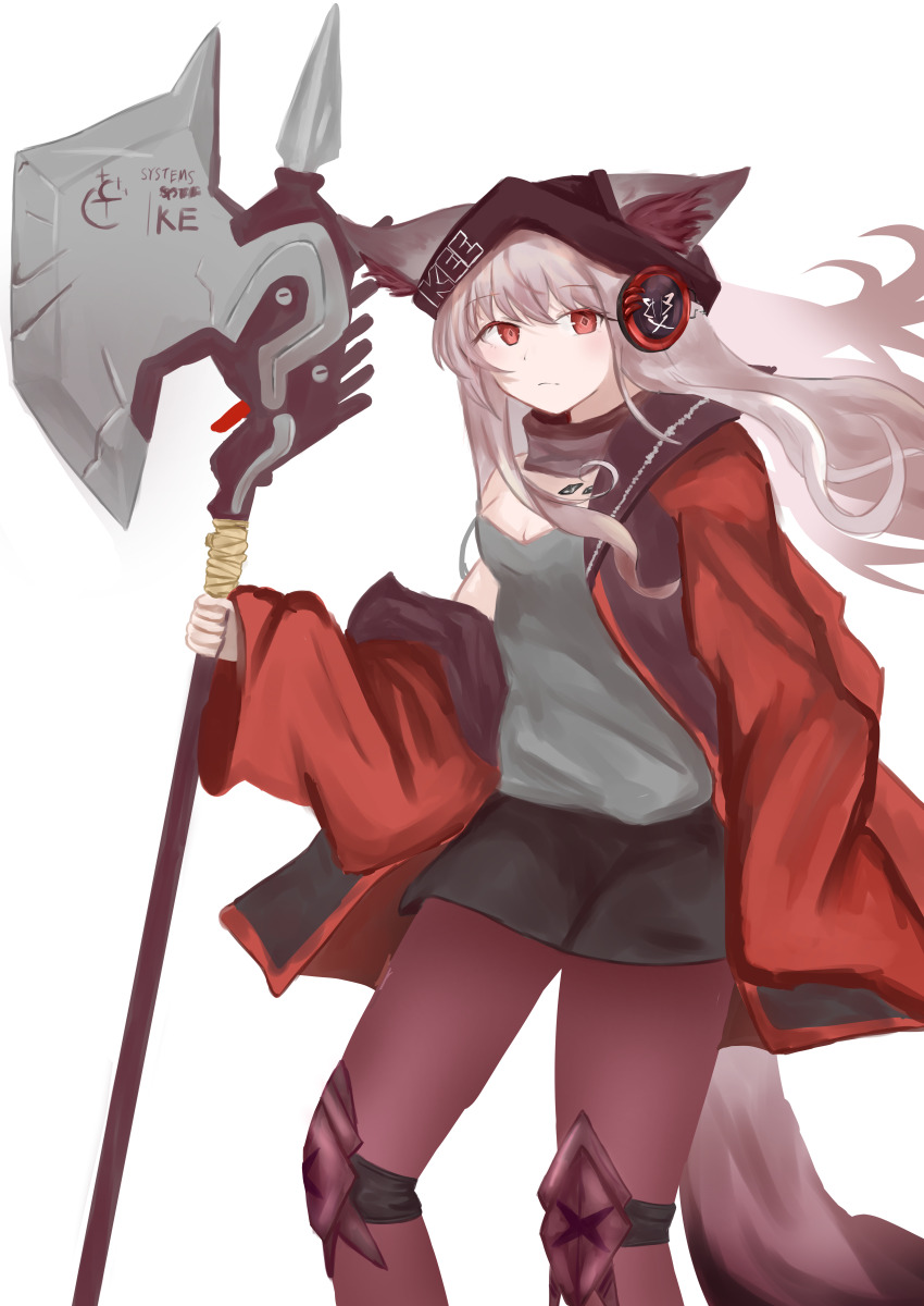 1girl absurdres animal_ears arknights black_hat black_skirt breasts brown_pantyhose cleavage closed_mouth clothes_writing commentary cowboy_shot ears_through_headwear floating_hair frostleaf_(arknights) grey_hair hat headphones highres holding holding_weapon jacket long_hair looking_at_viewer material_growth medium_breasts miniskirt miruka_(kyrie_eleison_45) oripathy_lesion_(arknights) pantyhose red_eyes red_jacket simple_background skirt sleeves_past_wrists solo standing tail weapon white_background