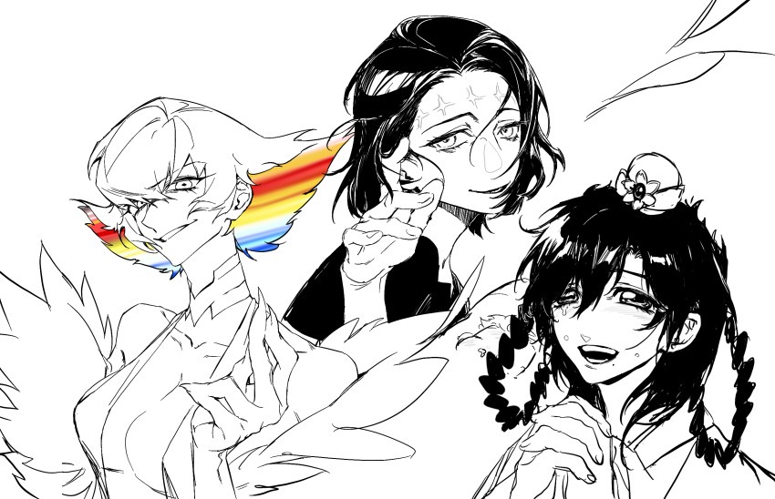 3girls arba_(magi) blush braid braided_hair_rings breasts choker cleavage crossover crying hair_rings highres itadori_kaori jujutsu_kaisen kenjaku kill_la_kill kiryuuin_ragyou large_breasts looking_at_viewer magi_the_labyrinth_of_magic medium_hair monochrome multicolored_hair multiple_crossover multiple_girls open_mouth own_hands_together qing727786 rainbow_hair ren_gyokuen scar scar_on_face scar_on_forehead short_hair simple_background smile smirk spot_color trait_connection white_background xiao_guan_(headdress)