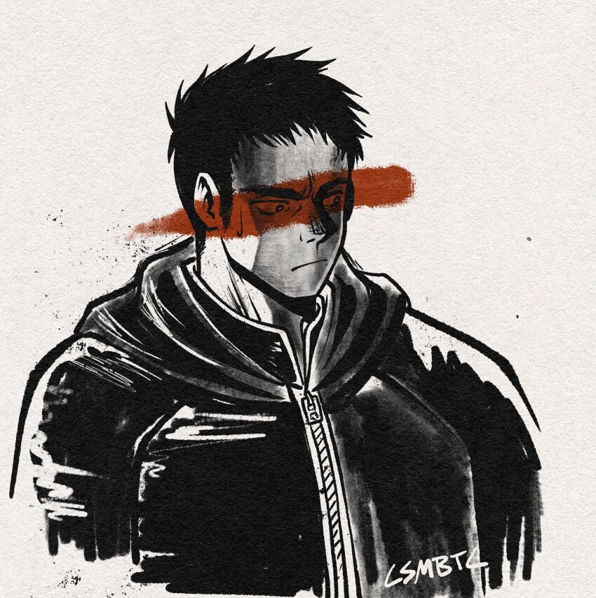 1boy aikawa_(dorohedoro) closed_mouth commentary csmbtc dorohedoro greyscale highres hood hood_down inktober looking_ahead male_focus monochrome short_hair signature simple_background solo spot_color zipper