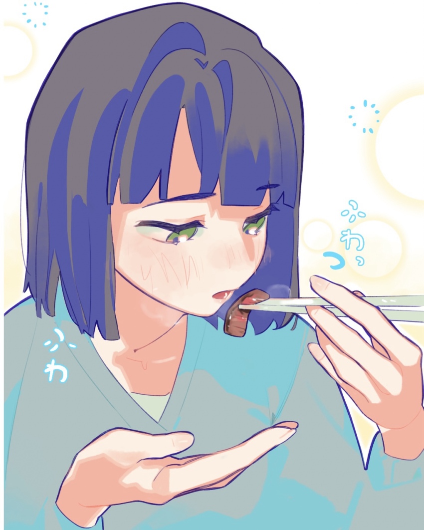 1girl black_hair blowing_on_food blue_cardigan blunt_bangs blunt_ends blush bob_cut cardigan chopsticks commentary dress eating food green_eyes highres holding holding_chopsticks holding_with_chopsticks link!_like!_love_live! long_sleeves love_live! meat momose_ginko momose_ginko_(summer_loungewear) nose_blush open_mouth pipi_(m1x_mix) short_hair solo sound_effects squeans steam upper_body virtual_youtuber white_dress