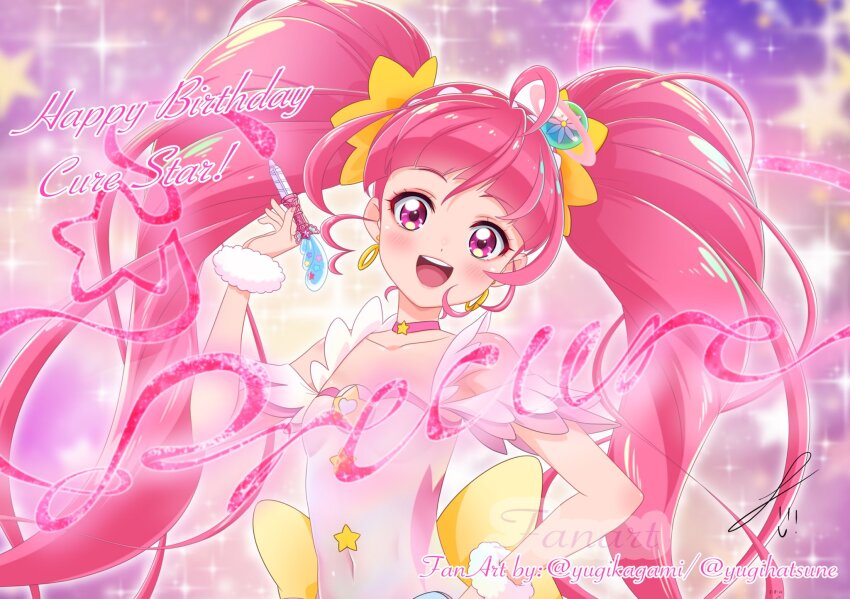 1girl ahoge choker cure_star earrings english_text fur_cuffs hair_ornament highres hoop_earrings jewelry pink_choker pink_eyes pink_hair precure ribbon shooting_star_hair_ornament sparkle_background star_(symbol) star_choker star_color_pen star_hair_ornament star_twinkle_precure twintails twitter_username yellow_ribbon yugikagami