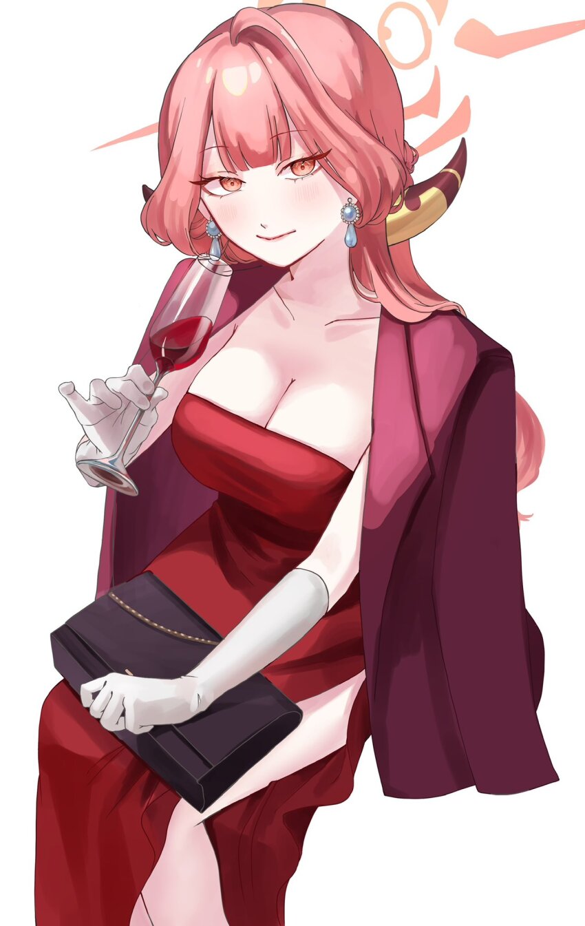 1girl alcohol aru_(blue_archive) aru_(dress)_(blue_archive) bag black_bag blue_archive blunt_bangs breasts brown_horns cleavage coat coat_on_shoulders cola commentary_request cup demon_horns double-parted_bangs dress drinking_glass earrings gem gloves hachiko_(haciko85_35) halo handbag highres holding holding_bag horns jewelry large_breasts light_smile long_hair looking_at_viewer official_alternate_costume opera_glasses orange_eyes pearl_(gemstone) pearl_earrings pink_halo red_coat red_dress red_wine side_slit simple_background sitting solo strapless strapless_dress wavy_ends white_background white_gloves wine wine_glass