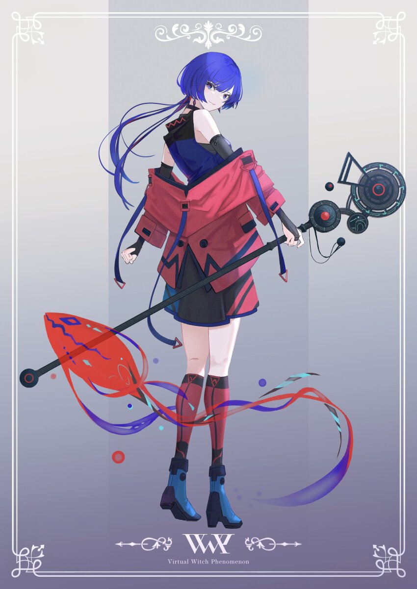 1girl absurdres adapted_costume blue_eyes blue_hair blue_shirt blue_shoes blunt_bangs border bridal_gauntlets drawstring earrings floating_earring from_behind full_body group_name hashtag-only_commentary highres holding holding_staff hood hooded_jacket jacket jacket_partially_removed jewelry kamitsubaki_studio kneehighs light_smile long_hair looking_at_viewer looking_back mey_(me_hanamomo) ornate_border red_jacket rim_(kamitsubaki_studio) shirt shoes skirt sleeveless sleeveless_shirt socks solo spirit staff three-quarter_sleeves unconventional_weapon virtual_youtuber