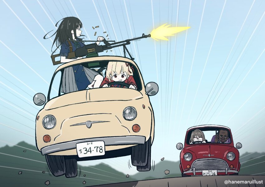 1boy 3girls black_hair blonde_hair bow car dark-skinned_male dark_skin dress driving fiat_500 firing glasses gun hair_bow hanemaruillust inoue_takina license_plate lupin_iii lycoris_recoil machine_gun mika_(lycoris_recoil) mini_cooper motor_vehicle multiple_girls nakahara_mizuki nishikigi_chisato parody red_car red_eyes skirt twitter_username two-tone_dress vehicle_chase vehicle_focus weapon yellow_car