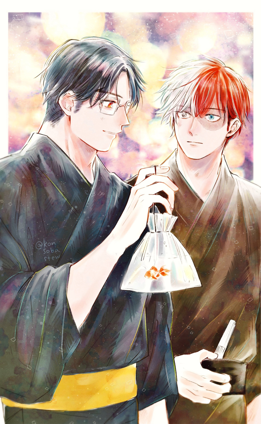 2boys absurdres bag bagged_fish black_hair black_kimono boku_no_hero_academia border fish heterochromia highres iida_tenya japanese_clothes kimono konsobastew looking_at_another male_focus multicolored_hair multiple_boys parted_lips red_eyes red_hair scar scar_on_face sideburns split-color_hair summer_festival todoroki_shoto twitter_username white_border white_hair