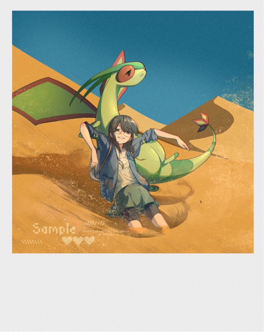 black_eyes black_hair blue_jacket blue_sky claws commission desert dragon flygon gen_3_pokemon green_skirt green_wings highres holding jacket looking_at_viewer nintendo outdoors pokemon pokemon_(creature) red_eyes robinlovesop sand_dune shirt simple_background skirt sky standing upper_body white_background white_shirt wings