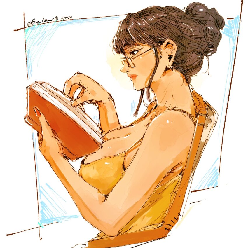 1girl black_hair bon_drawr book breasts cleavage closed_mouth commentary glasses hair_bun highres holding holding_book nico_robin one_piece profile reading red_nails signature sitting solo upper_body