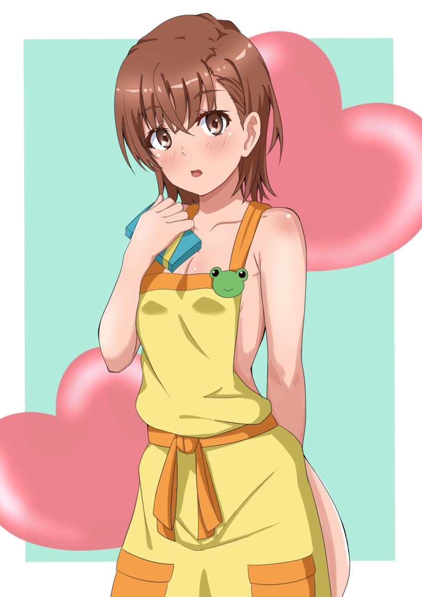 1girl apron asymmetrical_bangs box box_of_chocolates breasts brown_eyes brown_hair commentary gekota highres holding holding_box looking_at_viewer misaka_mikoto naked_apron short_hair simple_background small_breasts solo tabu_(tabu_01) toaru_kagaku_no_railgun toaru_majutsu_no_index two-tone_background valentine yellow_apron