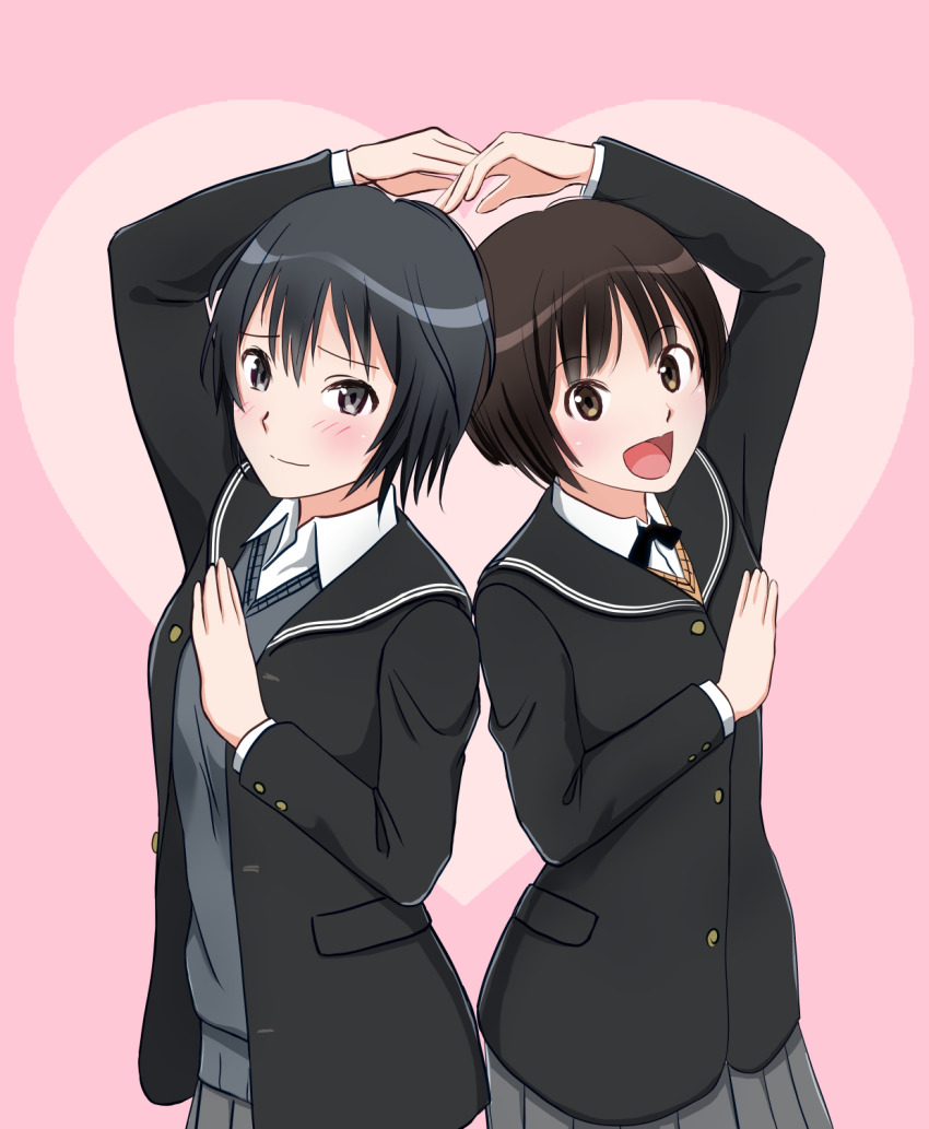 2girls :d amagami back-to-back black_bow black_bowtie black_eyes black_hair black_jacket black_ribbon black_sailor_collar blazer blush bow bowtie breasts brown_eyes brown_hair brown_sweater collared_shirt commentary dress_shirt embarrassed grey_skirt grey_sweater hair_between_eyes heart heart_arms heart_arms_duo highres jacket kero320 kibito_high_school_uniform light_smile multiple_girls nanasaki_ai neck_ribbon open_mouth pink_background pleated_skirt raised_eyebrows ribbon sailor_collar school_uniform shirt short_hair skirt small_breasts smile standing sweater tachibana_miya upper_body white_shirt