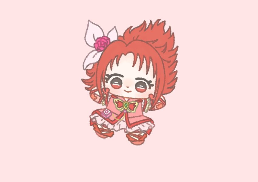 1girl animal_print bow bowtie butterfly_earrings butterfly_print chibi closed_mouth collared_dress cure_rouge dot_nose dress earrings eyelashes flower frilled_sleeves frills green_brooch hair_bow hair_flower hair_ornament happy ichigo_usuhana jewelry light_blush looking_at_viewer magical_girl miniskirt natsuki_rin orange_background outstretched_arms pink_bag pink_bow pink_flower pink_rose pleated_skirt precure red_arm_warmers red_bow red_bowtie red_dress red_eyes red_hair red_shoes red_theme rose shoes short_dress short_hair short_sleeves simple_background skirt skirt_under_dress smile socks solo tareme waist_bag white_skirt white_sleeves white_socks yes!_precure_5 yes!_precure_5_gogo!