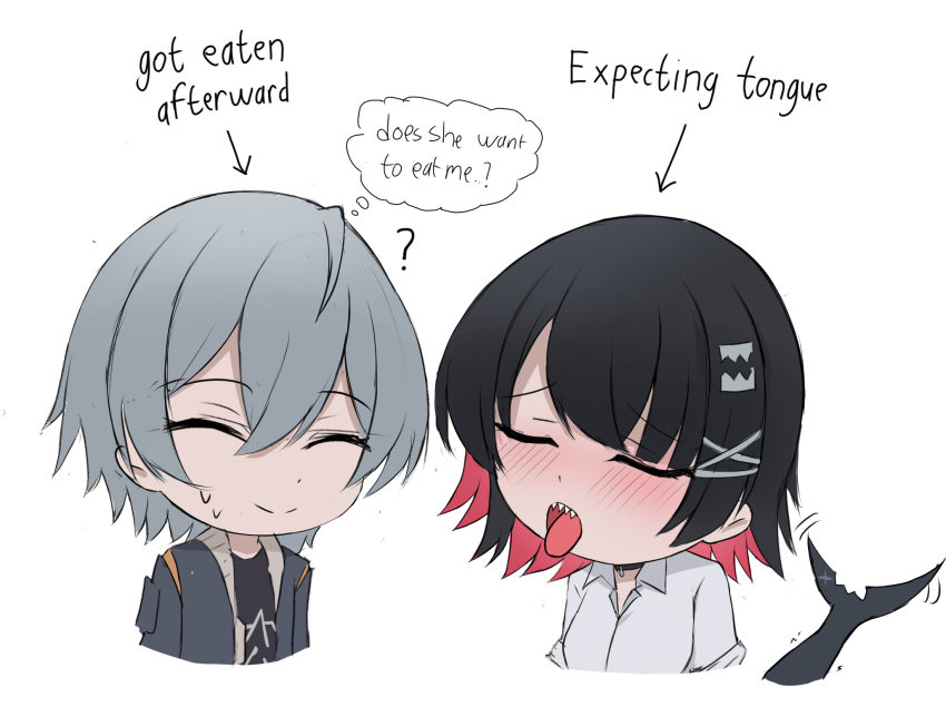 1boy 1girl chibi colored_inner_hair ellen_joe english_text fins fish_tail grey_hair hasn&#039;t_kissed_anyone_ever_vs_expecting_a_kiss_with_tongue_(meme) highres meme multicolored_hair namikare scar scar_on_tail shark_girl shark_tail sharp_teeth simple_background speech_bubble sweat tail teeth thought_bubble upper_body white_background wise_(zenless_zone_zero) zenless_zone_zero