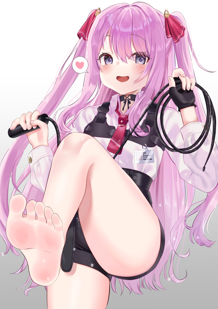 1girl absurdres barefoot belt black_gloves blush breasts gloves goddess_of_victory:_nikke hair_ribbon highres hitoha_koduku holding holding_whip long_hair looking_at_viewer mole mole_under_mouth open_mouth pink_hair purple_eyes ribbon school_uniform shirt shorts smile soles solo thighs twintails whip white_shirt yuni_(nikke)