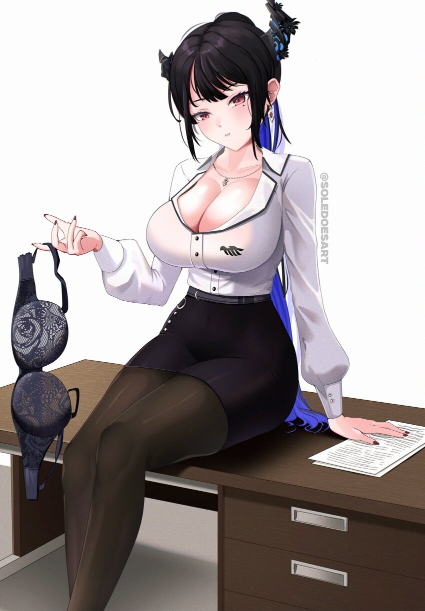 1girl absurdres asymmetrical_horns black_bra black_hair black_skirt blue_hair bra breasts cleavage colored_inner_hair commentary demon_horns desk dress_suit earrings english_commentary flower hair_ornament high_ponytail highres holding holding_bra holding_underwear holding_unworn_clothes hololive hololive_english horn_flower horns jewelry lace lace-trimmed_bra lace_trim large_breasts leather leather_skirt long_hair looking_at_viewer mole mole_under_eye multicolored_hair nerissa_ravencroft nerissa_ravencroft_(casual) office_lady official_alternate_costume official_alternate_hairstyle on_desk pantyhose pencil_skirt ponytail presenting_bra red_eyes revision shirt short_hair sitting skirt solevisionarts solo two-tone_hair underwear uneven_horns very_long_hair virtual_youtuber white_shirt