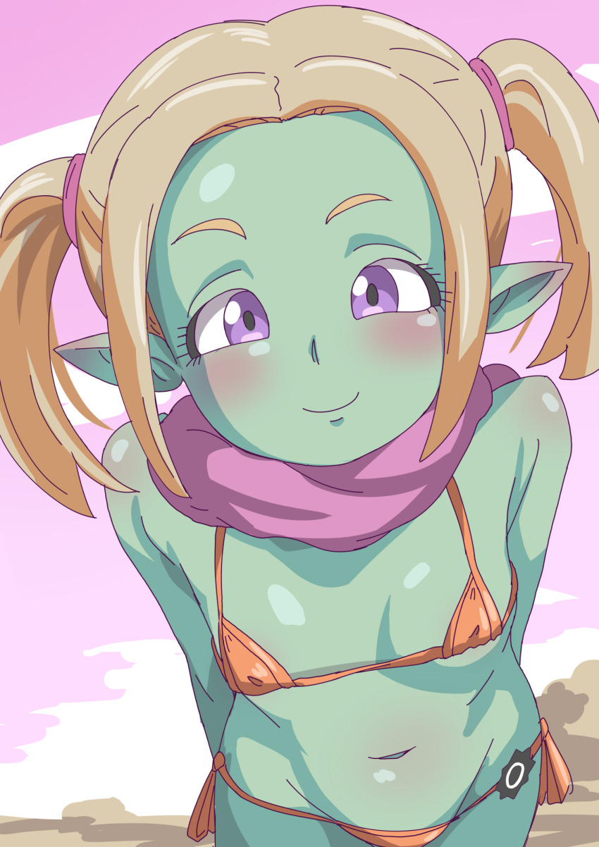 1girl aqua_skin bikini blush breasts colored_skin dragon_ball dragon_ball_daima female_focus hatafuta highres loli looking_at_viewer micro_bikini navel orange_bikini pansy_(dragon_ball_daima) pointy_ears purple_eyes scarf small_breasts smile solo swimsuit tagme twintails