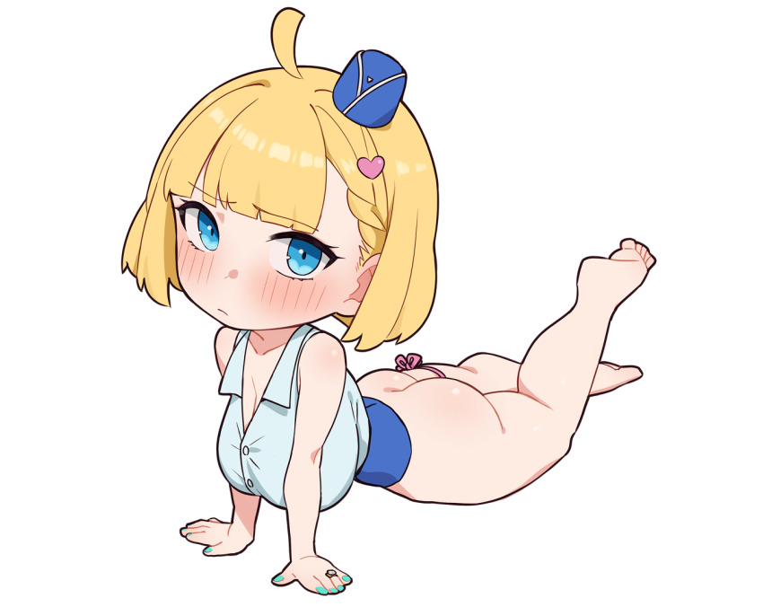 1girl ahoge arm_support ass bare_shoulders barefoot blonde_hair blush breasts chibi griffon_(last_origin) last_origin looking_at_viewer lying medium_hair miman_(hasutaro_stream) official_alternate_costume on_stomach simple_background white_background