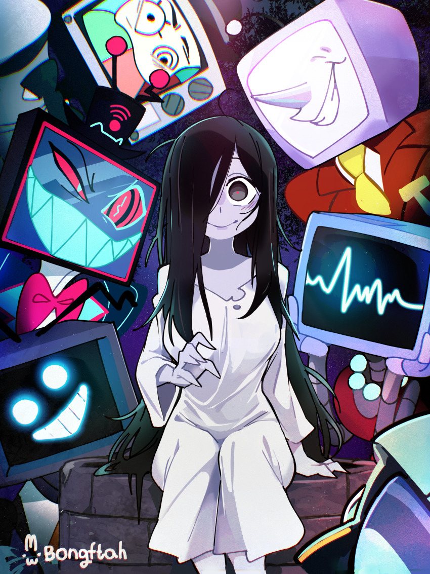 2boys 2girls absurdres ant_tenna artist_name black_eyes black_hair bongftah bow bowtie breasts canti colored_skin crossover crt deltarune dress flcl formal_clothes friday_night_funkin&#039; grey_skin grin hair_over_one_eye hazbin_hotel hellaverse highres karen_(spongebob) large_breasts long_hair long_nose long_sleeves looking_at_viewer mr._puzzles multiple_boys multiple_crossover multiple_girls necktie object_head one_eye_covered pink_bow pink_bowtie pointy_nose red_pupils red_suit robot_girl sharp_teeth single_bare_shoulder single_off_shoulder sitting smg4 smile spongebob_squarepants_(series) suit teeth television the_ring trait_connection utdr_(toby_fox) vox_(hazbin_hotel) well white_dress yamamura_sadako yellow_necktie