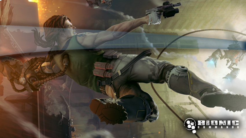 1boy 3d aircraft bandages battle bionic_commando boots brown_hair capcom cyborg gloves green_eyes gun dreadlocks handgun highres manly nathan_spencer non-web_source official_art pistol promotional_art realistic science_fiction soldier tank_top terrorist weapon