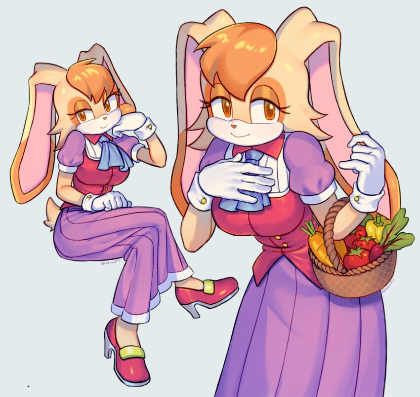 1girl animal_ears basket bell_pepper benzbt blue_neckerchief breasts carrot crossed_legs dress elbow_carry eyelashes gloves hand_on_own_chest hand_on_own_chin hand_on_own_face high_heels highres holding holding_basket looking_to_the_side neckerchief orange_eyes orange_hair rabbit rabbit_ears rabbit_girl rabbit_tail radish red_footwear short_sleeves sitting smile sonic_(series) tail tomato vanilla_the_rabbit very_long_ears white_background