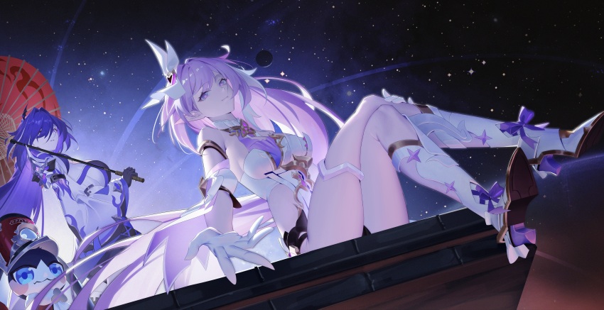 2girls absurdres acheron_(honkai:_star_rail) black_shorts blue_eyes breasts chinese_commentary commentary_request corset crop_top crossed_legs elf elysia_(herrscher_of_human:_ego)_(honkai_impact) elysia_(honkai_impact) gl1275038164 hair_ornament highres holding holding_umbrella honkai:_star_rail honkai_(series) honkai_impact_3rd large_breasts long_hair multiple_girls night night_sky oil-paper_umbrella pink_hair pointy_ears pom-pom_(honkai:_star_rail) purple_eyes purple_hair reaching reaching_towards_viewer revision short_shorts shorts sitting sky thigh_strap umbrella very_long_hair white_corset