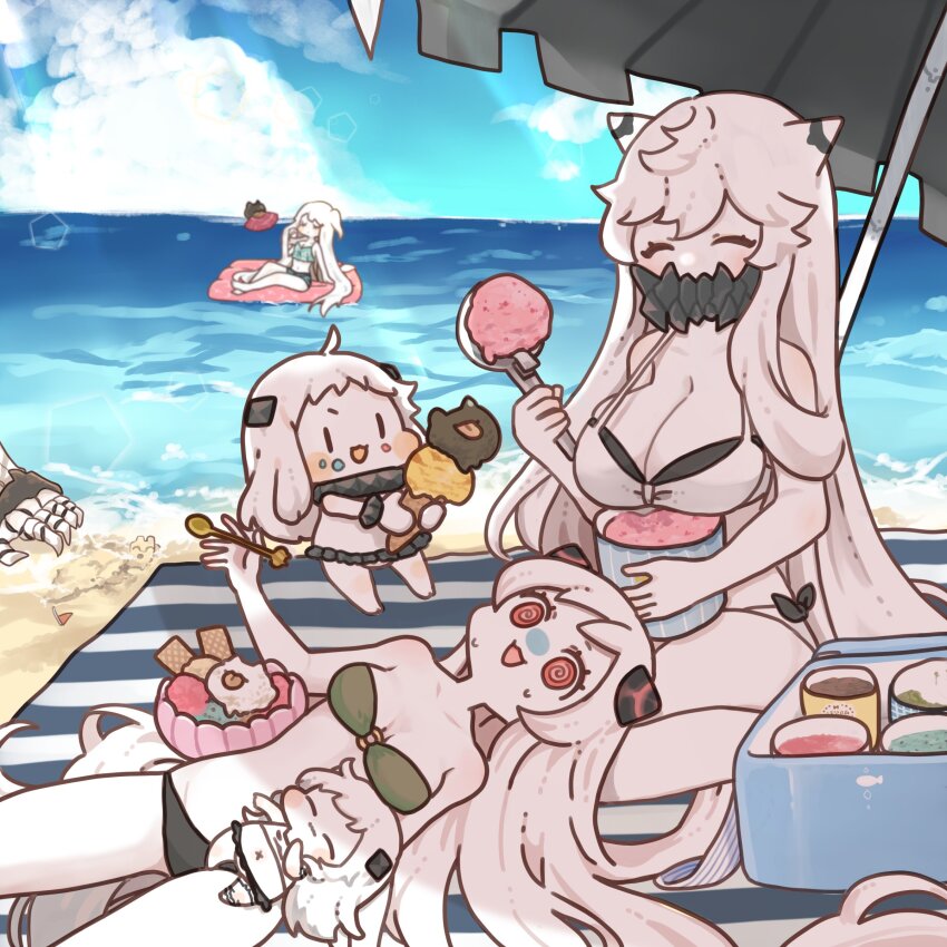 6+girls @_@ absurdres abyssal_ship aircraft_carrier_princess airfield_princess barefoot beach beach_towel beach_umbrella bikini black_bikini blue_bikini blue_sky bowl breasts claws cleavage closed_eyes cloud colored_skin commentary covered_mouth day english_commentary food food_on_face green_bikini highres holding holding_food holding_spoon horns ice_cream ice_cream_cone ice_cream_scoop kantai_collection kobone large_breasts long_hair lying medium_breasts midway_princess multiple_girls northern_little_sister northern_ocean_princess ocean on_back one-piece_swimsuit open_mouth outdoors red_eyes sand seaport_princess second-party_source sitting sky spoon strapless strapless_bikini swimsuit towel umbrella very_long_hair water white_bikini white_hair white_skin