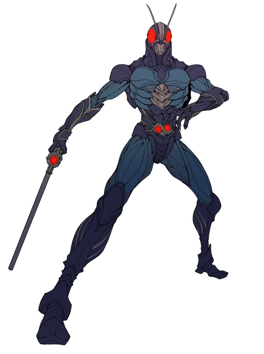 1boy antennae armor catball1994 commentary_request full_armor full_body glowing glowing_eyes helmet highres holding holding_weapon kamen_rider kamen_rider_black_rx kamen_rider_black_rx_(series) looking_at_viewer revolcane solo weapon white_background