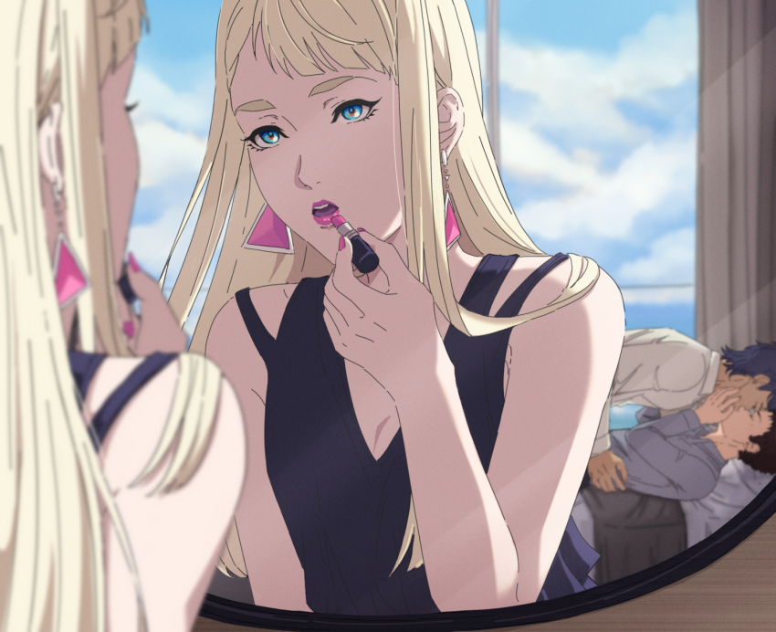 1girl 2boys applying_makeup blonde_hair blue_eyes blue_hair blue_sky breasts brown_hair cleavage closed_eyes curtains earrings enelous gigi_andalusia grey_shirt gundam gundam_hathaway&#039;s_flash hathaway_noa highres jewelry kenneth_sleg kiss lipstick long_hair makeup mirror multiple_boys on_bed pink_lips reflection shirt sky tan triangle_earrings white_shirt window yaoi