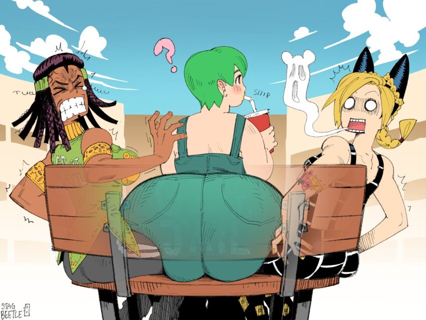 3girls alternate_ass_size alternate_body_size arm_tattoo armband ass bench blank_eyes breasts clenched_teeth commission cone_hair_bun double_bun dreadlocks drinking ermes_costello foo_fighters_(jojo) green_eyes hair_bun heavy huge_ass jojo_no_kimyou_na_bouken kuujou_jolyne medium_breasts multiple_girls namnums outdoors overalls pain pants park_bench plump sitting sitting_on_person sleeveless stone_ocean struggling tattoo teeth transparent_seat
