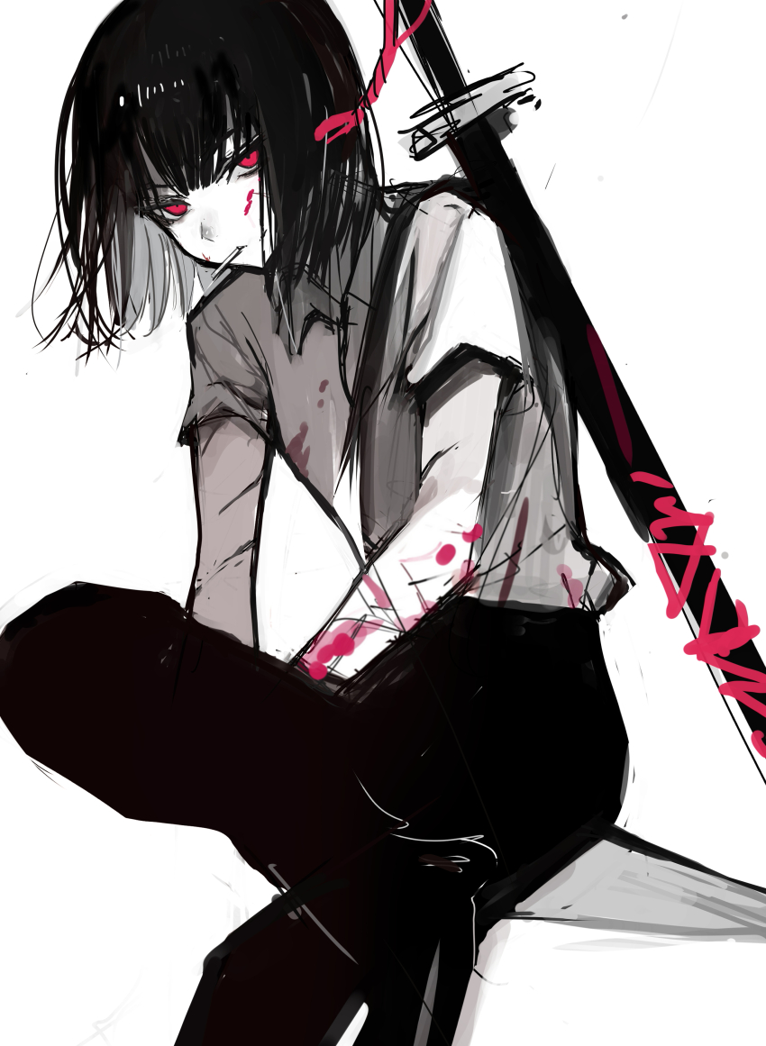 1girl absurdres bandaged_arm bandages black_hair black_pants black_shoes blood blood_on_arm blood_on_face chuhaibane collared_shirt highres limbus_company medium_hair pants project_moon red_eyes ryoshu_(project_moon) shirt shoes sitting solo spot_color sword weapon white_background white_shirt