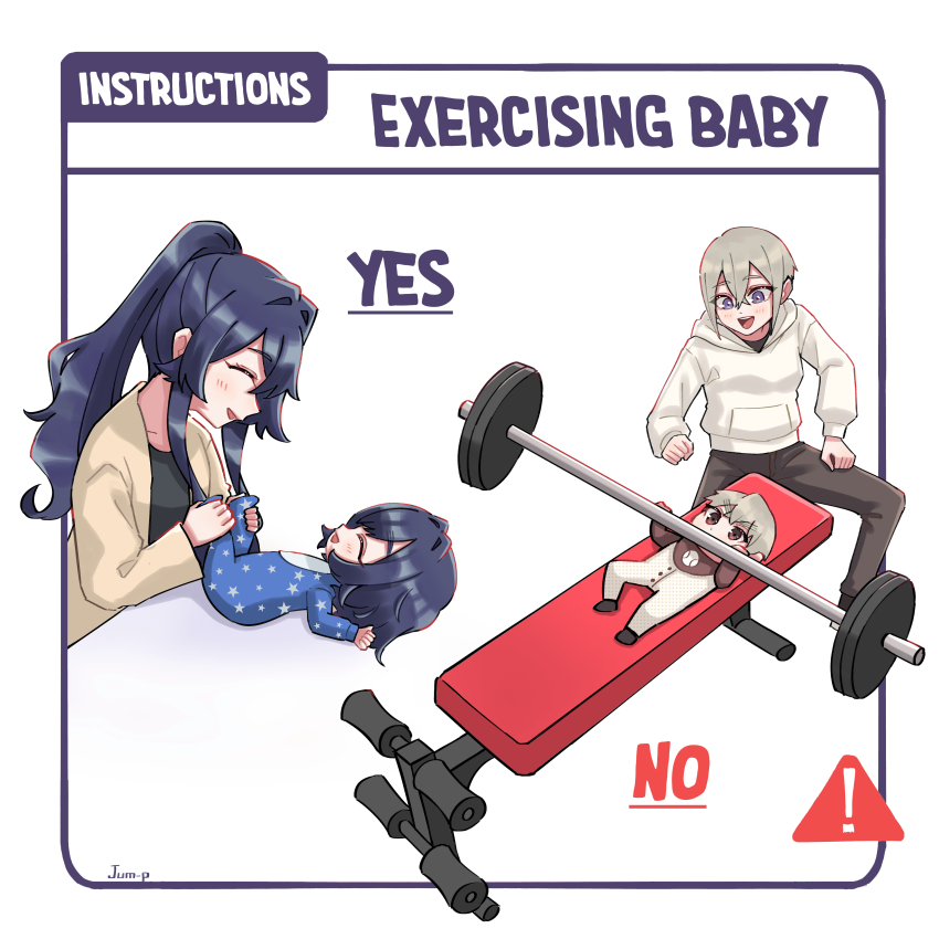 ! 4girls :d ^_^ absurdres aged_up artist_name baby barbell baseball_print bench_press black_hair closed_eyes commentary english_commentary english_text exercising grey_hair hair_between_eyes hair_intakes highres hood hoodie jjum_pp kimi_no_koto_ga_dai_dai_dai_dai_daisuki_na_100-nin_no_kanojo long_hair mother_and_daughter multiple_girls open_mouth ponytail purple_eyes short_hair simple_background smile star_(symbol) star_print sutou_iku weight_bench white_background white_hoodie yoshimoto_shizuka