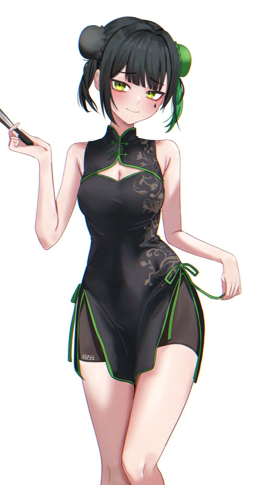 1girl a5235 bare_shoulders bike_shorts black_dress black_hair black_ribbon black_shorts breasts bun_cover china_dress chinese_clothes cleavage death_hammer_chouloky double_bun dress fang fang_out folded_fan folding_fan green_eyes green_hair hair_bun hair_ribbon hand_fan highres holding holding_fan looking_at_viewer medium_breasts multicolored_hair ribbon short_dress short_hair short_shorts short_twintails shorts shorts_under_dress side-tie_dress side_slit simple_background skin_fang solo streaked_hair string_pull teardrop_facial_mark twintails virtual_youtuber waktaverse white_background