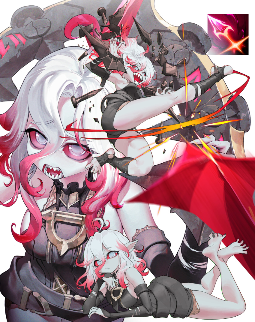 1girl absurdres ahoge arms_up ass bare_legs barefoot belt black_belt breasts briar_(league_of_legends) closed_mouth colored_sclera colored_skin commentary detached_sleeves fang feet fingernails full_body furrowed_brow ghdwid gradient_hair grey_hair grey_skin hair_between_eyes high_kick highres kicking league_of_legends legs long_fingernails long_hair looking_at_viewer lying medium_breasts multicolored_hair multiple_views no_pupils on_stomach open_mouth outstretched_foot outstretched_leg pink_hair pointy_ears red_sclera sharp_fingernails sharp_teeth sharp_toenails sidelocks simple_background skin_fang smile soles spread_toes stirrup_legwear streaked_hair teeth thighs toeless_legwear toenails toes two-tone_hair upper_body vampire white_background white_eyes white_hair wrist_cuffs