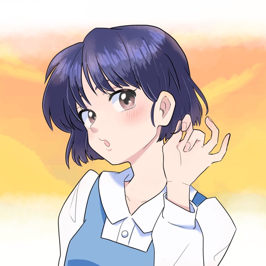 1girl blue_dress blue_hair blush brown_eyes collarbone dress fuurinkan_high_school_uniform highres looking_at_viewer mame_umai_ooo open_mouth pinafore_dress ranma_1/2 school_uniform shirt short_hair sleeveless sleeveless_dress solo tendou_akane upper_body white_shirt