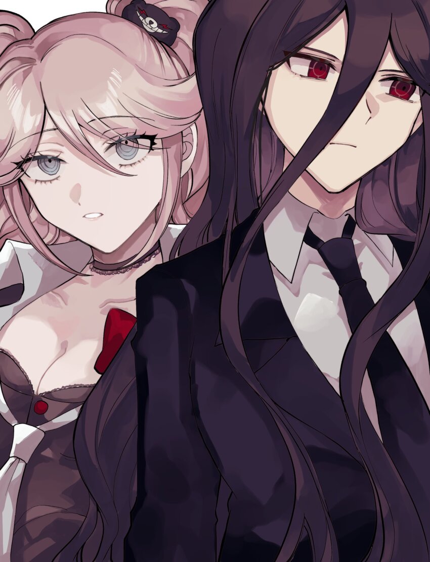 1boy 1girl bear_hair_ornament black_jacket black_necktie black_shirt blonde_hair bow breasts cleavage collarbone collared_shirt danganronpa:_trigger_happy_havoc danganronpa_(series) danganronpa_2:_goodbye_despair enoshima_junko frown grey_necktie grey_shirt hair_between_eyes hair_ornament hakumai_(mgmg_okomee) highres jacket kamukura_izuru large_breasts long_hair necktie red_bow red_eyes shirt twintails