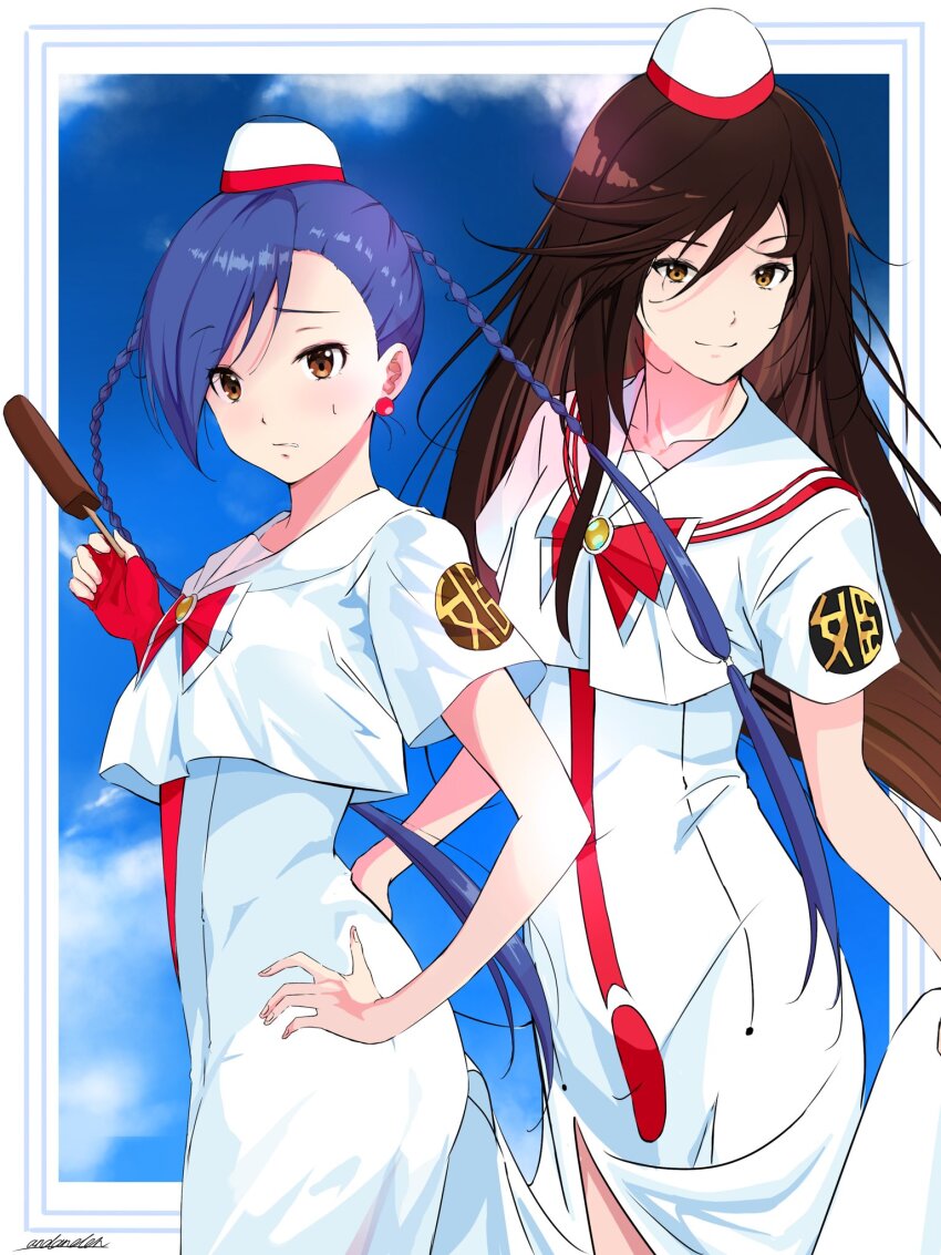 2girls aika_granzchesta akira_ferrari andanden aria_(manga) blue_hair blue_sky blush border brown_eyes brown_hair cloud cloudy_sky collarbone cowboy_shot dress fingerless_gloves food gloves hair_between_eyes hand_on_own_hip hand_up highres himeya_company_uniform holding impossible_clothes impossible_dress long_hair looking_at_viewer multiple_girls parted_bangs popsicle red_gloves shadow short_sleeves side_slit signature single_glove sky smile twintails very_long_hair white_border white_dress