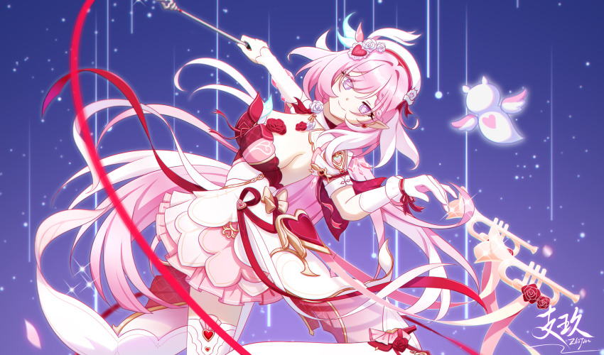 1girl absurdres artist_name beret blue_sky commentary_request dress elysia_(hi_love_elf)_(honkai_impact) elysia_(honkai_impact) flower from_side gloves hair_ornament hat highres honkai_(series) honkai_impact_3rd little_messenger_(honkai_impact) long_hair looking_at_viewer multicolored_hair pink_hair purple_eyes red_ribbon ribbon single_glove sky smile solo thighhighs two-tone_hair white_gloves white_hair white_thighhighs zhijiu