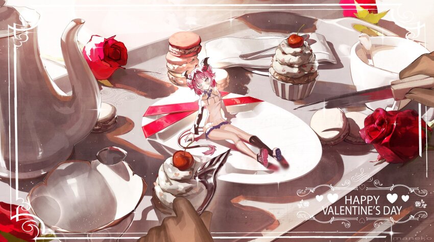 1girl 1other ahoge arm_support asymmetrical_legwear backlighting bare_shoulders bat_wings black_socks border bow bowtie cake camila&#039;s_valentine&#039;s_day_art_contest camila_(vtuber) cherry closed_mouth colored_eyelashes commentary cookie cup dark_skin demon_girl diamond_facial_mark dot_mouth facial_mark flower food fork from_above from_side fruit happy_valentine head_wings heart heart_facial_mark highres holding holding_fork holding_knife indie_virtual_youtuber knife long_hair long_sleeves looking_at_viewer maneko_o mini_person mismatched_eyelashes mismatched_legwear multicolored_hair ornate_border pink_hair plate pointy_ears purple_bow purple_bowtie purple_eyes purple_skirt red_flower red_rose rose short_hair sitting skirt socks streaked_hair sweater teacup virtual_youtuber white_hair white_socks white_sweater wide_shot wings