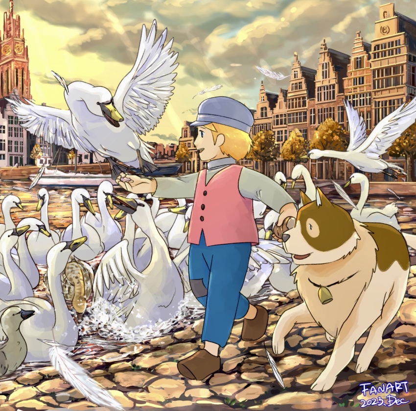 1boy a_dog_of_flanders bell bird bird_feeding blonde_hair blue_eyes blue_pants boat brown_footwear building child city cloud cobblestone dated dog feathers flying grey_hat grey_shirt hat neck_bell nello_(a_dog_of_flanders) outdoors pants petrasche_(a_dog_of_flanders) pink_vest pocco1224 shirt short_hair splashing standing swan tree vest water watercraft white_feathers