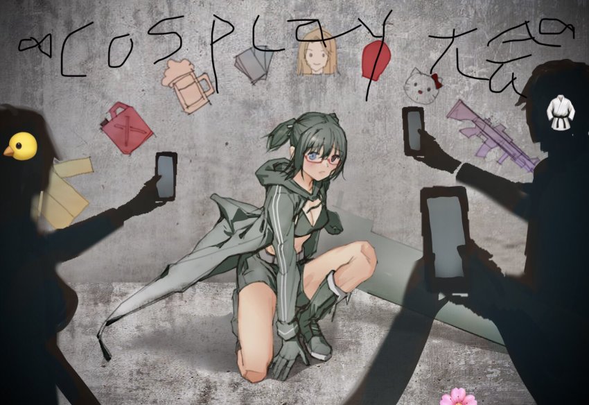 4girls bikini bikini_top_only black_rock_shooter black_rock_shooter_(character) black_rock_shooter_(character)_(cosplay) brown_hair cosplay emoji glasses heterochromia holding holding_phone kamikoshi_sorawo kozakura_(urasekai_picnic) looking_at_viewer multiple_girls nishina_toriko phone piza_rokumai seto_akari short_twintails shorts squatting swimsuit twintails urasekai_picnic