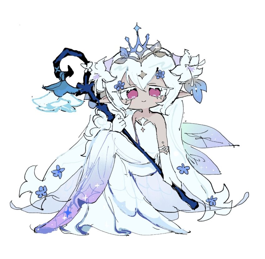 1girl absurdly_long_hair alt_text bare_shoulders blue_flower braid closed_mouth colored_eyelashes commentary_request cookie_run cookie_run:_kingdom dress elbow_gloves fairy_wings flat_chest flower gloves gradient_clothes gradient_dress hair_flower hair_ornament holding holding_staff invisible_chair knees_up korean_commentary long_dress long_hair looking_at_viewer no_nose no_pupils official_alternate_costume official_alternate_hairstyle pink_eyes pointy_ears purple_dress side_braid simple_background single_braid sitting smile solo sparkle staff strapless strapless_dress takawoyu tiara very_long_hair white_background white_dress white_eyelashes white_flower white_gloves white_hair white_lily white_lily_cookie white_lily_cookie_(moonflower_faerie) wings