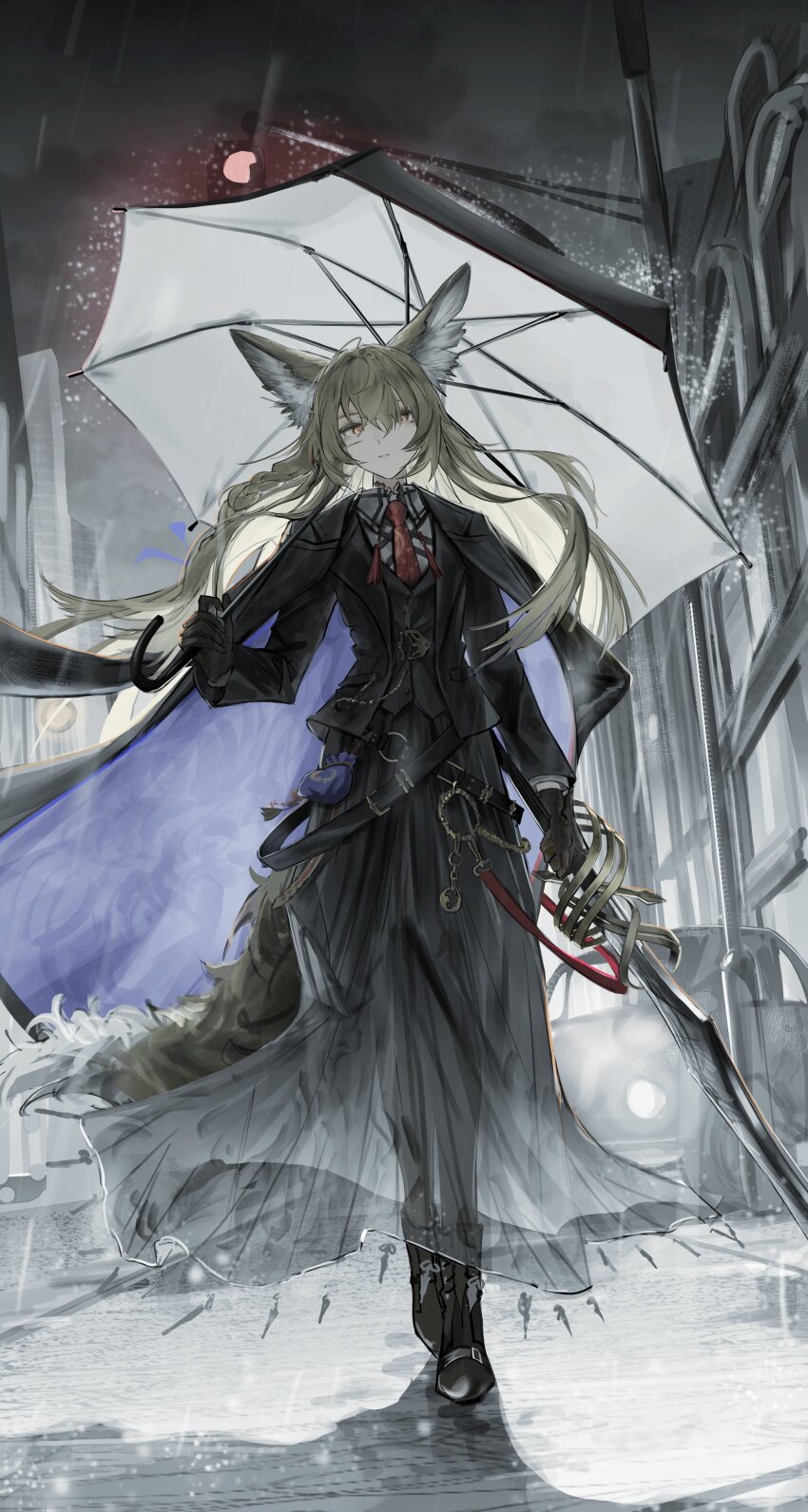 1girl absurdres animal_ears arknights black_jacket blonde_hair closed_mouth full_body gloves highres holding holding_sword holding_umbrella holding_weapon jacket long_hair long_sleeves nueegochi orange_eyes rain solo sword tail umbrella vulpisfoglia_(arknights) weapon