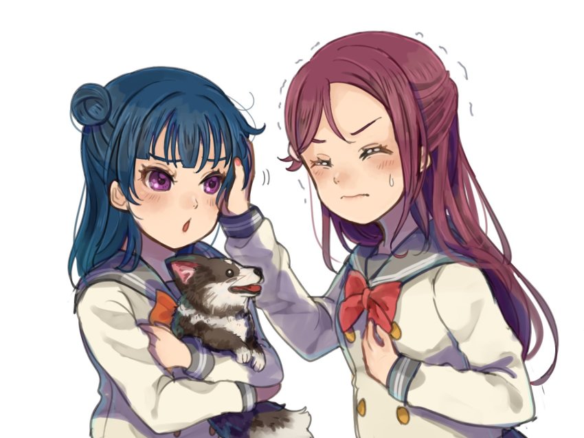 2girls animal anko_(love_live!) beniko08 blue_hair blush bow bowtie buttons closed_eyes commentary_request dog double-breasted hair_bun half_updo hand_on_another&#039;s_head hand_on_own_chest headpat highres holding holding_animal holding_dog long_hair long_sleeves love_live! love_live!_sunshine!! multiple_girls purple_eyes red_hair red_neckwear sakurauchi_riko side_bun simple_background single_side_bun trembling tsushima_yoshiko upper_body v-shaped_eyebrows wavy_mouth white_background