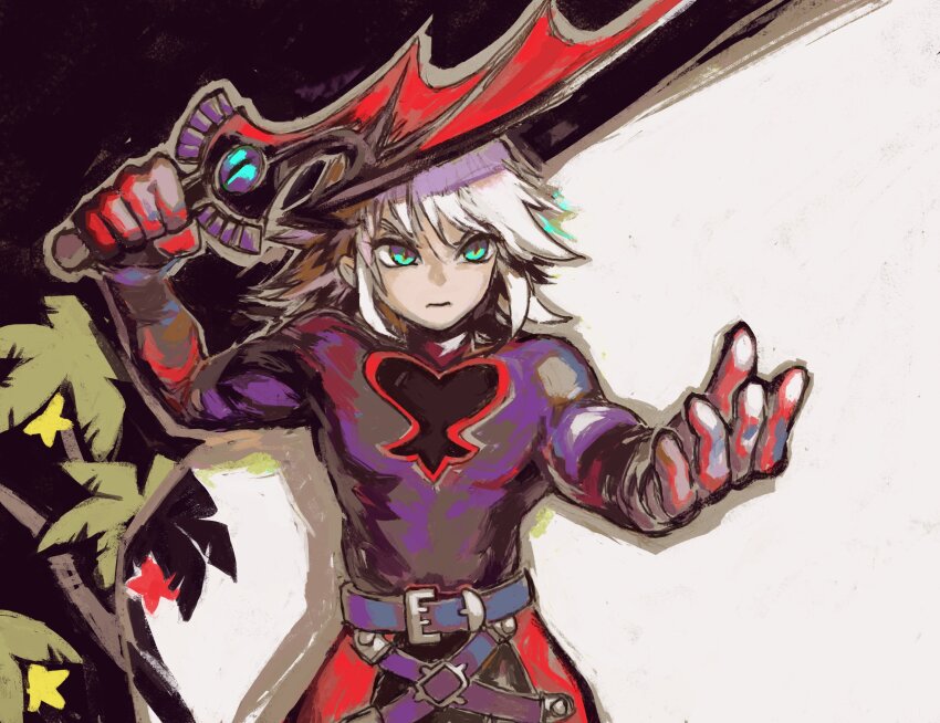 1boy abstract_background absurdres aqua_eyes arms_up belt black_bodysuit blue_belt bodysuit cape commentary english_commentary fighting_stance grey_hair highres holding holding_weapon keyblade kingdom_hearts kingdom_hearts:_chain_of_memories long_hair male_focus multiple_belts outstretched_arm palm_tree red_cape riku_replica serious sidelocks slit_pupils snoozaga solo star_(symbol) tree upper_body waist_cape weapon