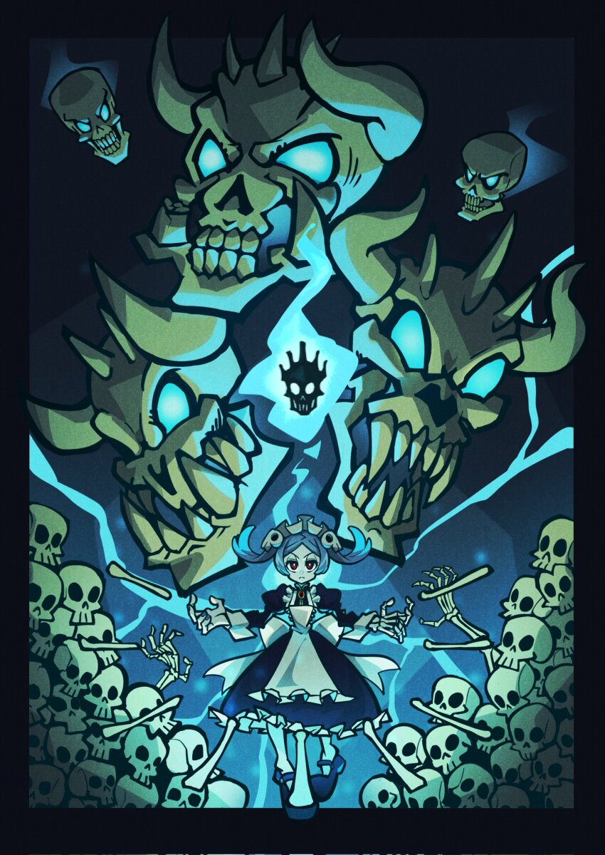 1girl apron black_border bloody_marie_(skullgirls) border dress energy floating frilled_apron frilled_dress frills full_body grey_hair hair_ornament highres maid_headdress onozawa_(buresu21) pantyhose red_eyes skeleton skull_hair_ornament skullgirls solo twintails