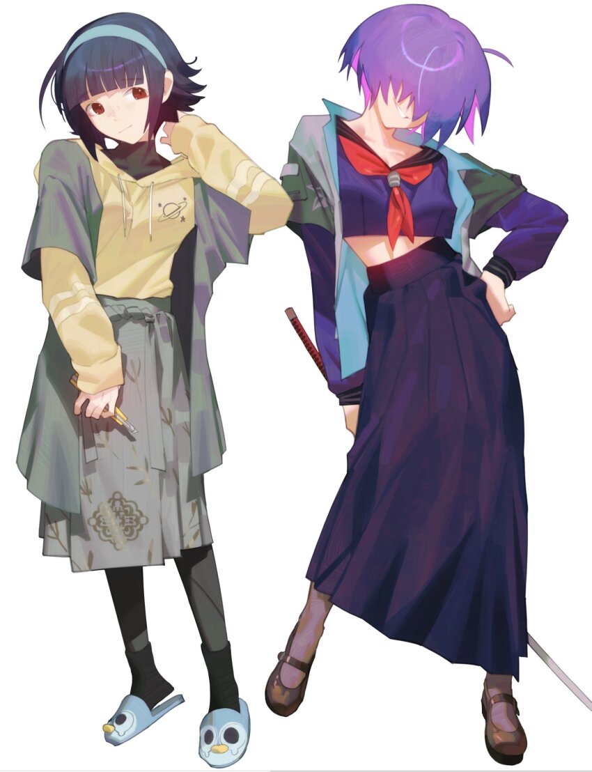 2girls ahoge alice_(raneblu) black_hair black_pantyhose black_shirt black_socks boxcutter breasts brown_shoes closed_mouth crop_top full_body grey_jacket grey_shirt grin hair_over_eyes hairband hand_on_own_hip hand_up head_tilt highres holding holding_boxcutter holding_sword holding_weapon hood hoodie jacket katana long_sleeves mara_(raneblu) mary_janes midriff multiple_girls neckerchief open_clothes open_jacket original pantyhose purple_hair purple_shirt purple_skirt raneblu red_neckerchief sailor_collar school_uniform shirt shoes short_hair skirt slippers small_breasts smile socks standing sword weapon yellow_hoodie