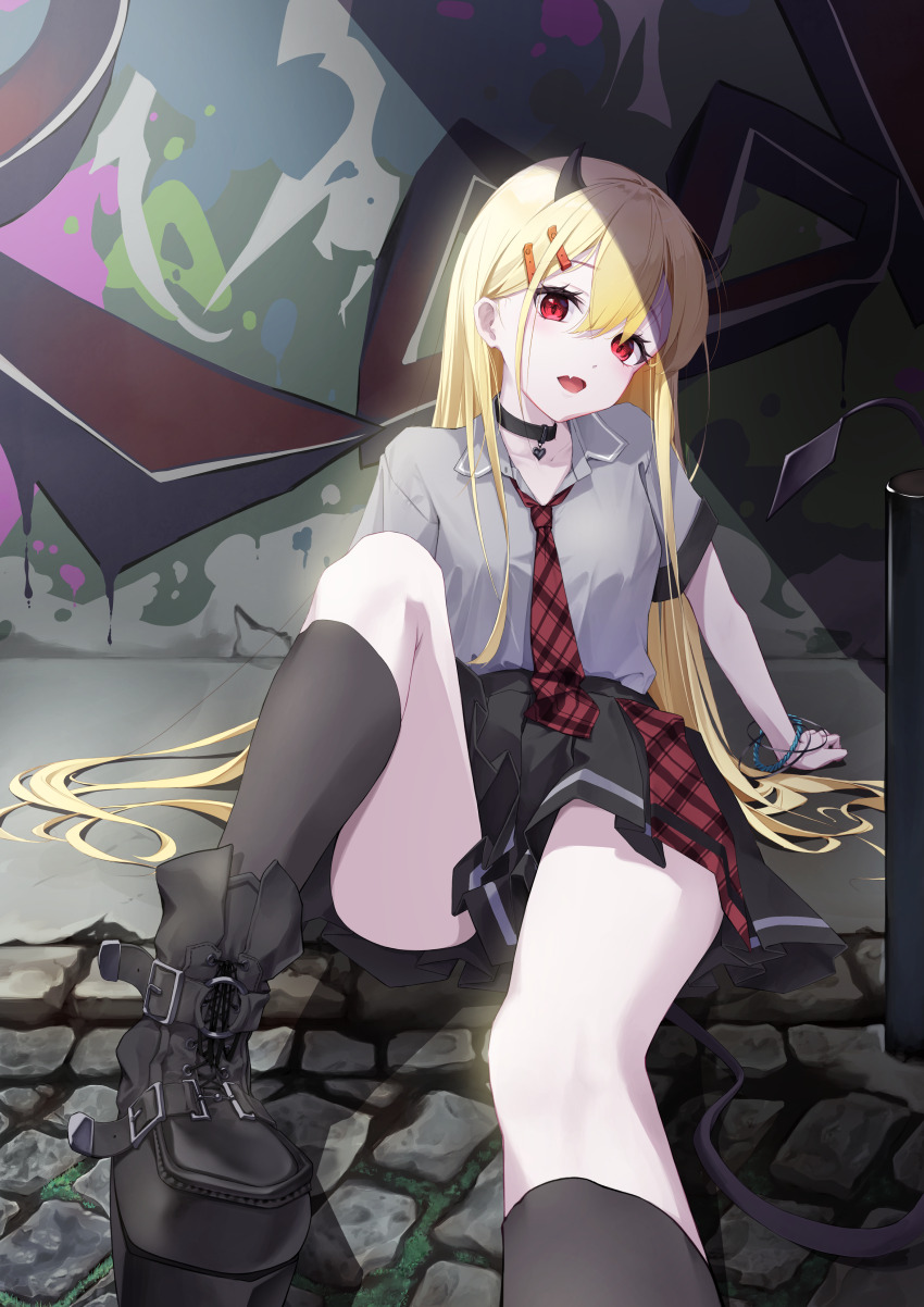 1girl absurdres arm_support black_choker black_skirt black_socks blonde_hair bow bowtie bracelet breasts choker collared_shirt demon demon_girl fang graffiti grey_shirt hair_between_eyes hair_ornament hairclip highres horns jewelry knee_up long_hair looking_at_viewer open_mouth original outdoors plaid_bow plaid_bowtie plaid_clothes plaid_skirt pleated_skirt red_bow red_bowtie red_eyes shirt sitting skirt small_breasts socks solo to9643
