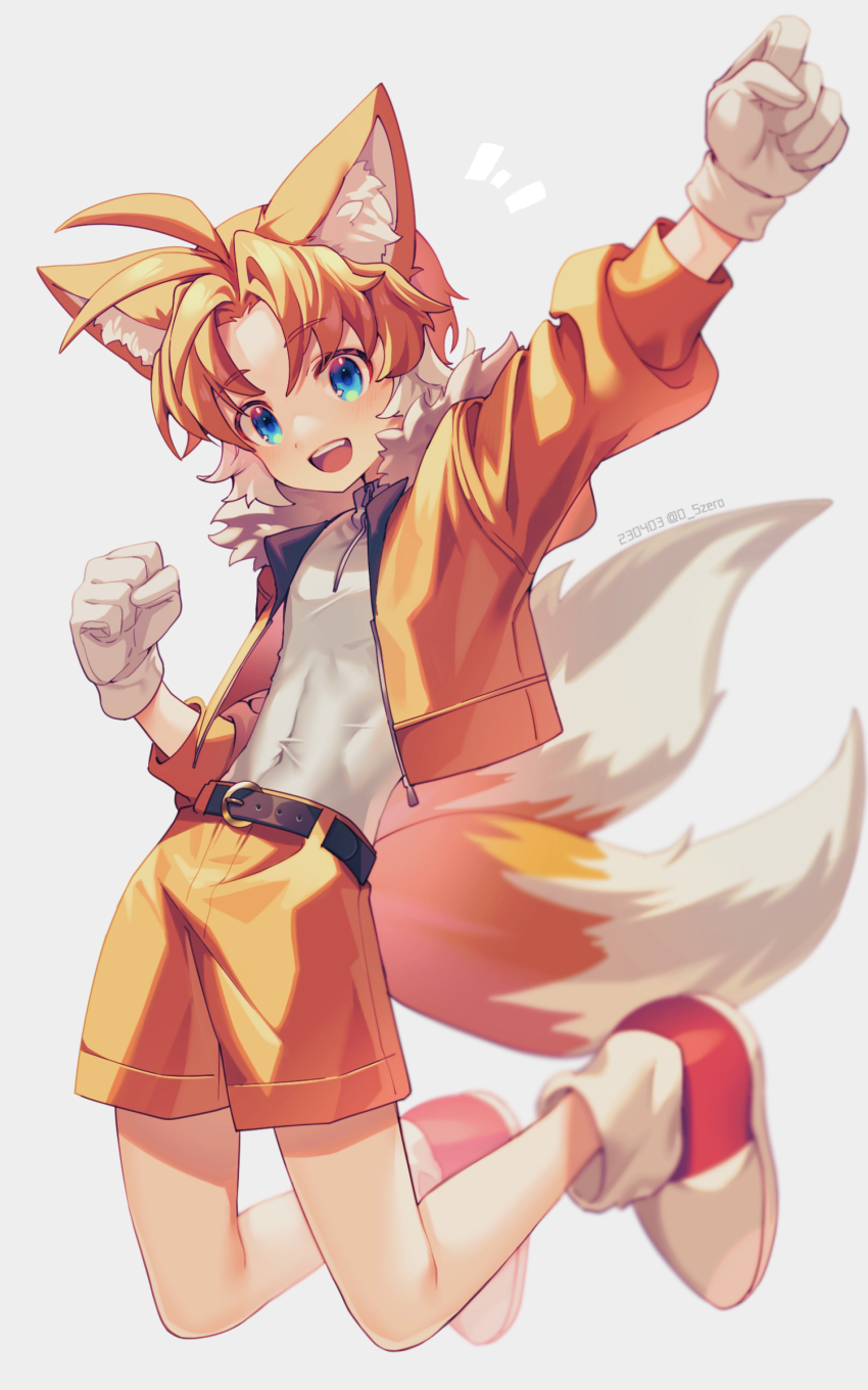 1boy absurdres bishounen blue_eyes child fox_boy full_body gloves highres humanization jacket kemonomimi_mode looking_at_viewer male_focus multiple_tails navel orange_fur orange_hair orange_jacket orange_shorts shirt shorts signature simple_background skin_tight smile solo sonic_(series) tail tails_(sonic) teeth two_tails upper_teeth_only white_background white_gloves white_shirt zero-go
