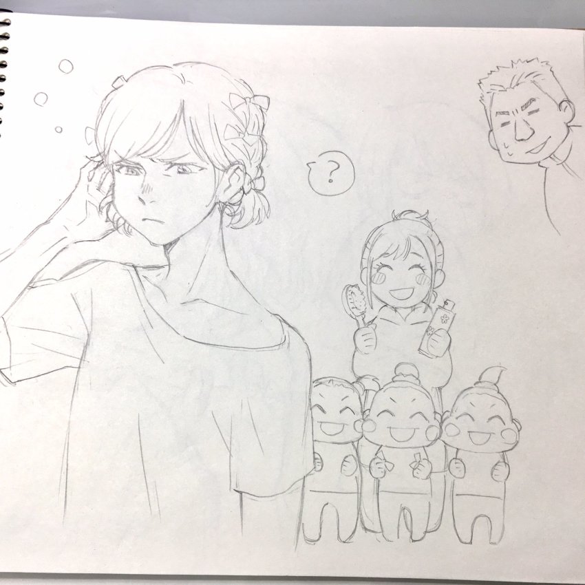10s 2boys 4girls ? ^_^ blush_stickers bow chibi closed_eyes closed_eyes graphite_(medium) hair_bow hair_brush hair_bun highres itou_noriko monochrome multiple_boys multiple_girls nishigoori_axel nishigoori_loop nishigoori_lutz nishigoori_takeshi nishigoori_yuuko official_art open_mouth ponytail single_hair_bun sketch smile spoken_question_mark traditional_media yuri!!!_on_ice yuri_plisetsky