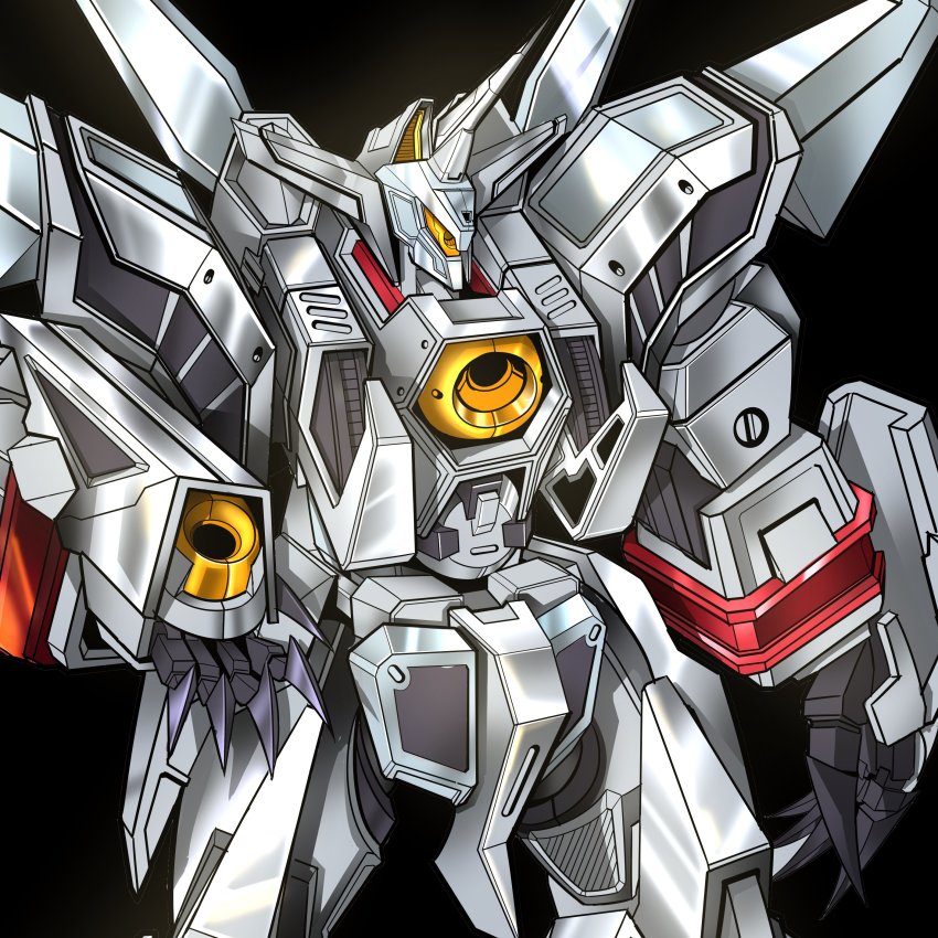 absurdres black_background commentary english_commentary gao_ex_kaiser hades_project_zeorymer highres horns looking_down mecha no_humans one-eyed open_hand orange_eyes robot science_fiction single_horn solo super_robot zeorymer