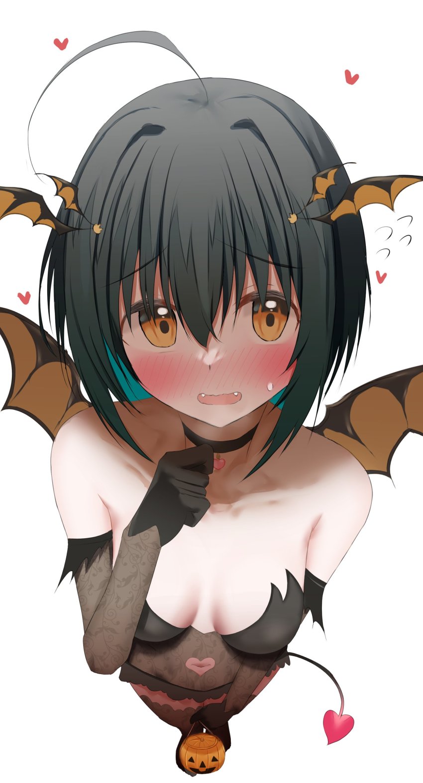 1girl absurdres ashinagi_(bijutu1) bare_shoulders black_gloves black_hair black_leotard black_thighhighs blush breasts breasts_apart choker clothing_cutout collarbone demon_tail elbow_gloves fangs flying_sweatdrops from_above full-face_blush gloves halloween halloween_bucket head_wings heart highres idolmaster idolmaster_cinderella_girls kohinata_miho leotard looking_at_viewer medium_hair navel_cutout no_shoes open_mouth perspective raised_eyebrows simple_background small_breasts solo standing sweatdrop tail thighhighs white_background wings yellow_eyes